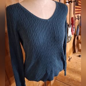 Talbots Pima Cotton Classic Cable V-Neck Sweater L- Teal